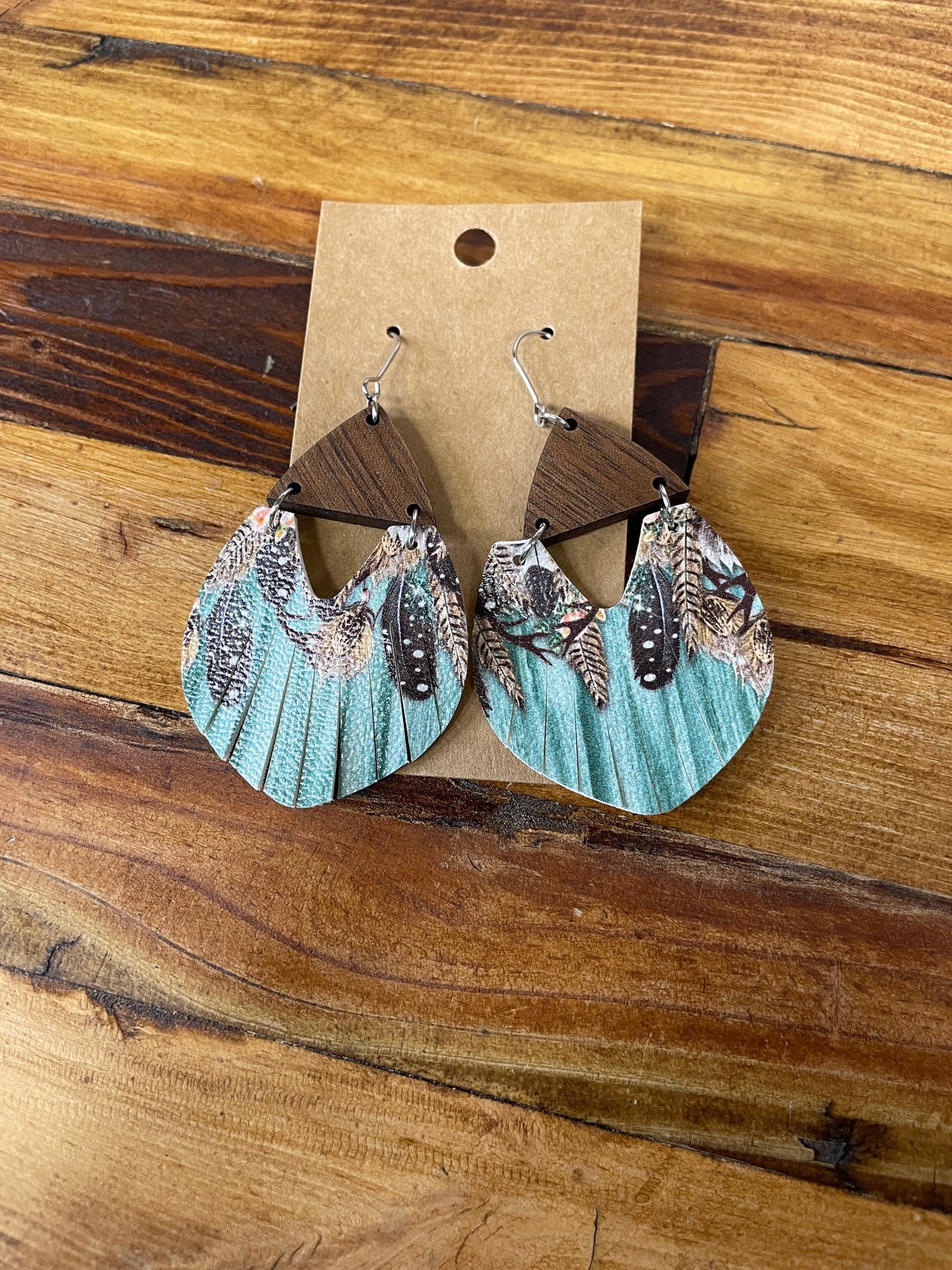 Faux Leather and Wood Dangle Earrings, light turquoise