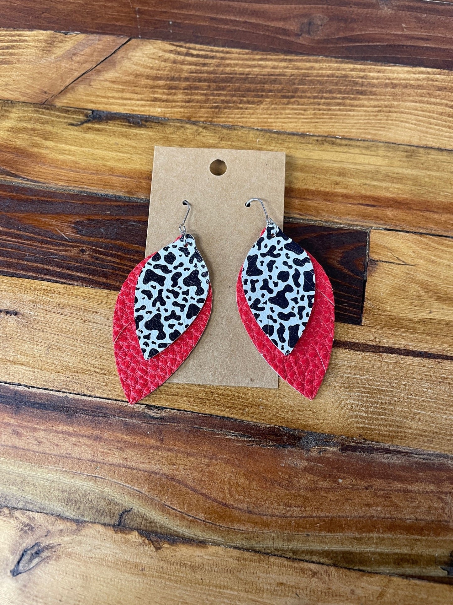 Red Faux Leather with black/white Cow print Earrings