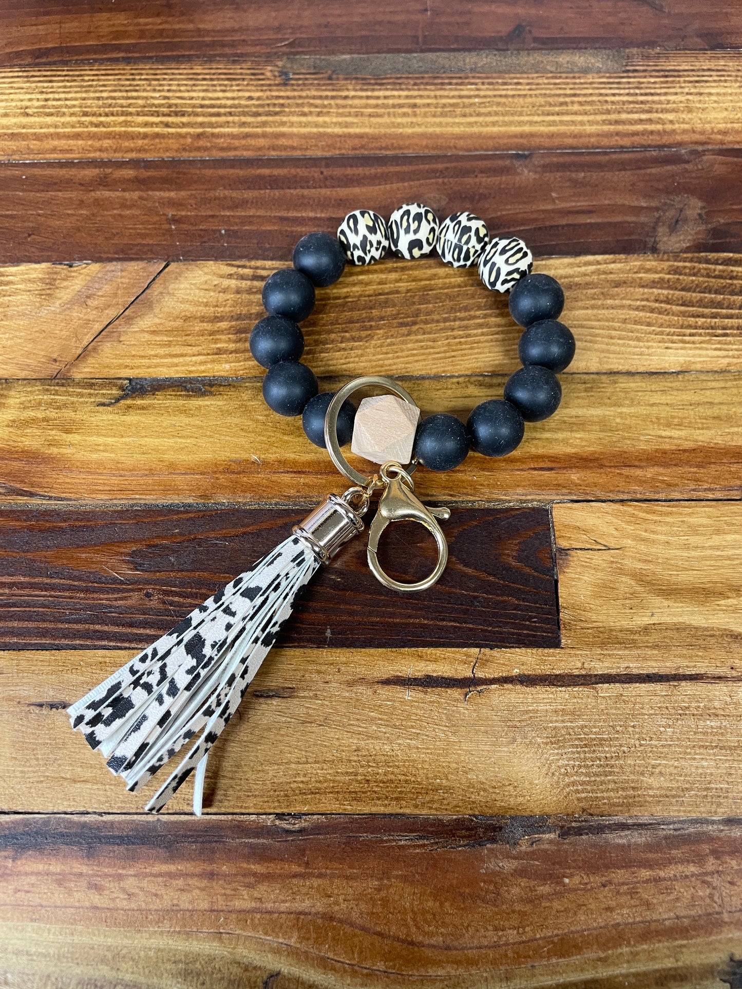 Silicone Bead Wristlet, Keychain (Black and Leopard)