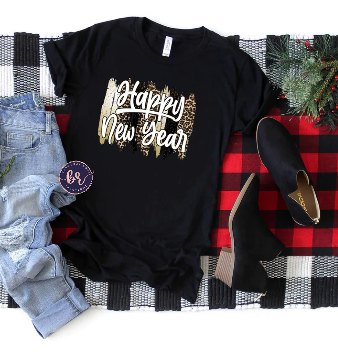 Happy New Year Leopard Print Graphic Tee