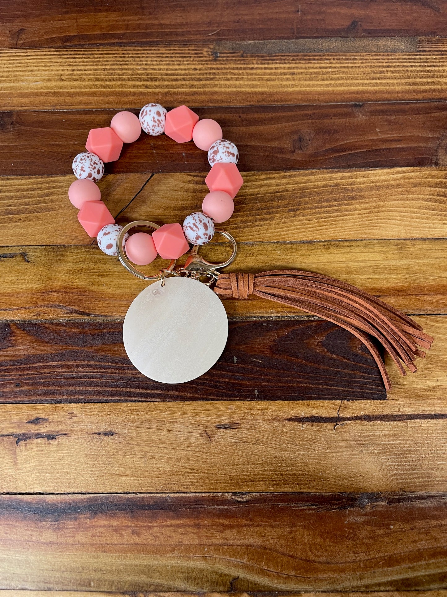 Silicone Bead Wristlet, Keychain (Peach with Cow Print)