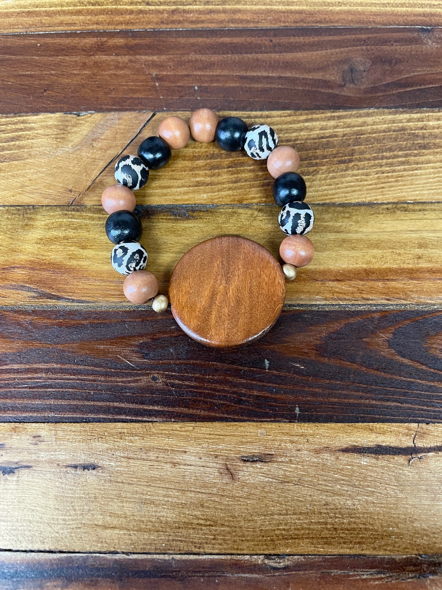 Wood Bead Bracelet, (Black, Wood, Leopard)