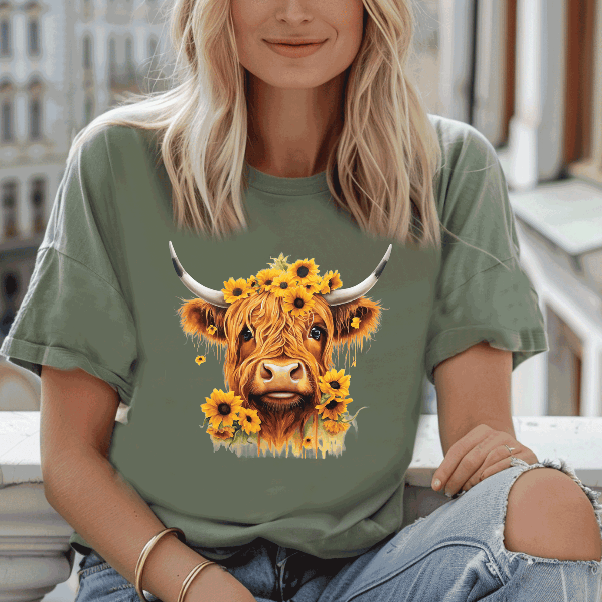 Highland Cow & Sunflowers