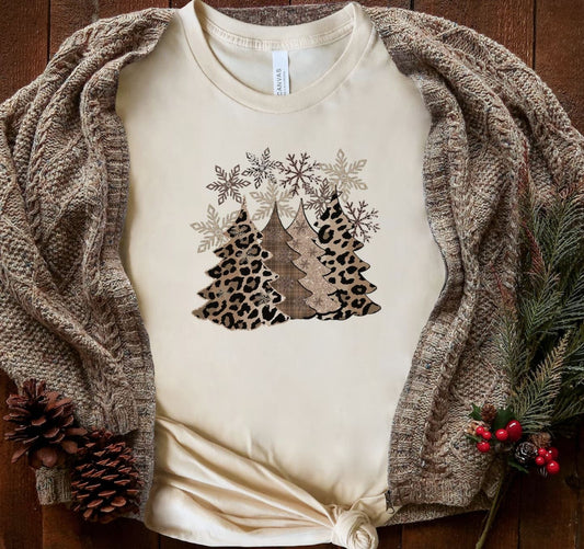 Leopard Gold Christmas Trees with Snowflakes Graphic Tee