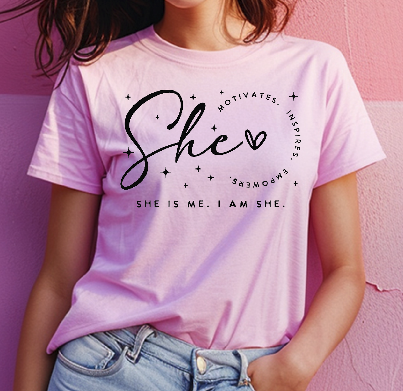 She Is Motivates Inspires Empowers, graphic tee black design