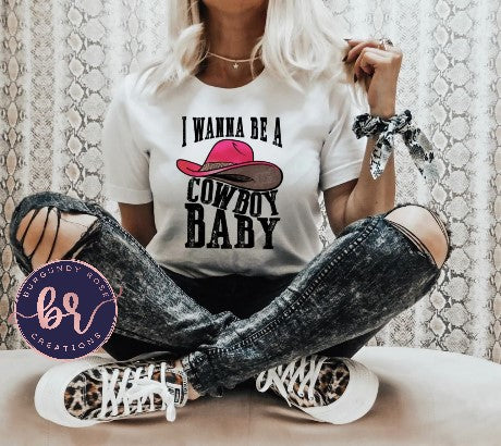 I Wanna Be A Cowboy Baby Pink Hat Graphic Tee